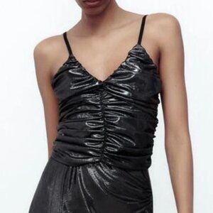 ZARA V-NECK CROP TOP SHINY METALIC WITH GATHERED DETAIL  NWT SIZE S